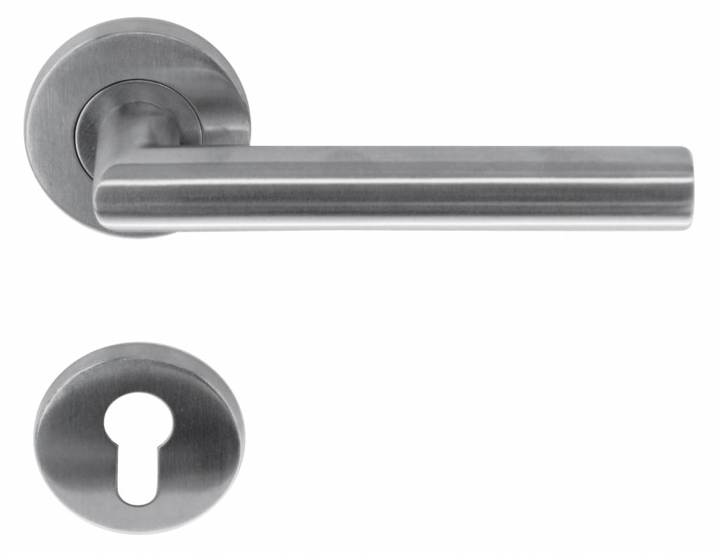 Stainless steel door handles with key plates for a cylinder lock