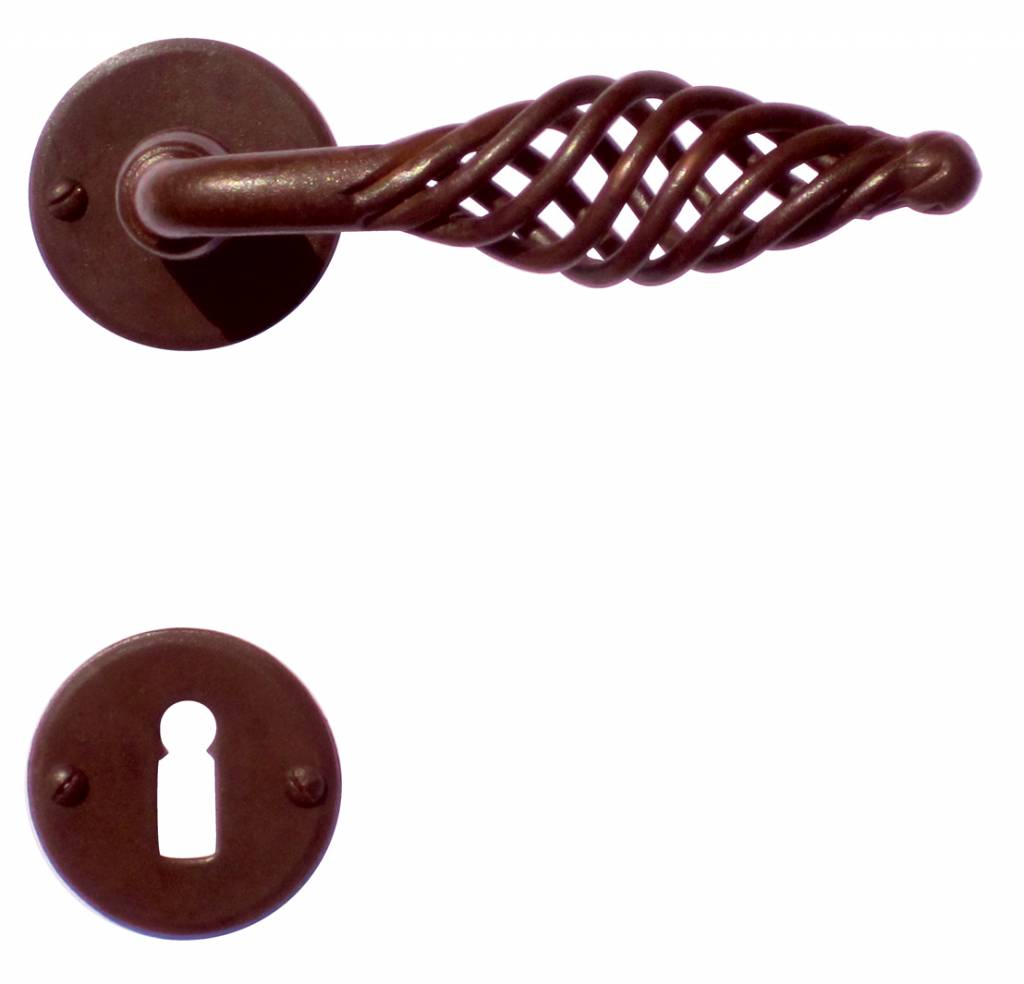 Rust-colored door handles with key plates