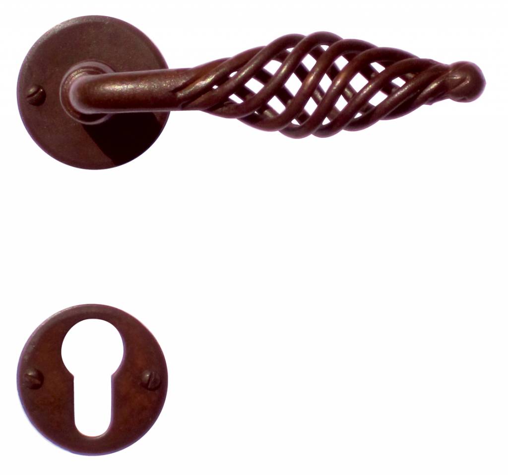 Rust-colored door handles with cylinder plates