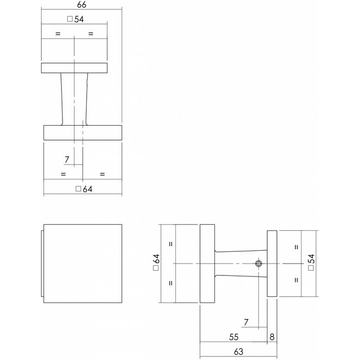 Intersteel Bouton de porte avant fixe carré 64/54 montage unilatéral en acier inoxydable