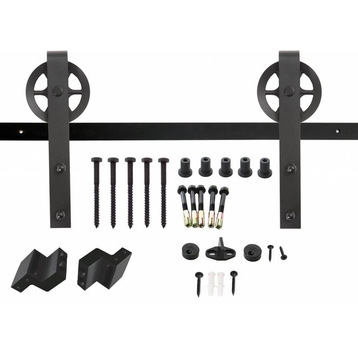 Intersteel Schuifdeursysteem 2 meter, hangrollen met spaakwiel 345mm, staal mat zwart, montage voorzijde