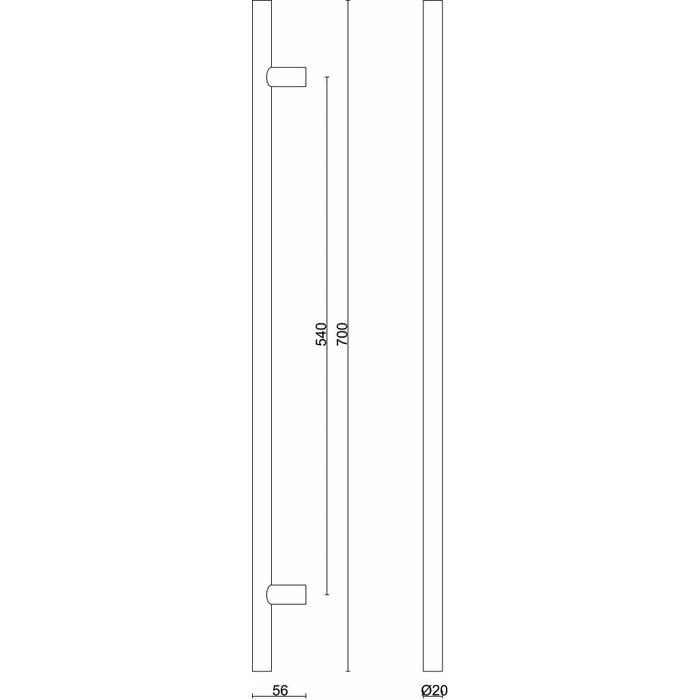 HDD Stainless steel door handle T 20/540/700 - through mounting