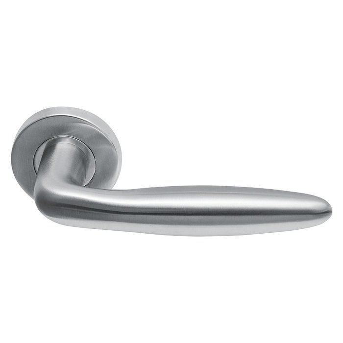 In-Door Riga door handle made of solid stainless steel on a round rosette