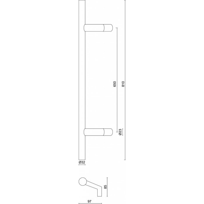 HDD RVS deurgreep "STCOT" 32/650/810 - doorgaande bevestiging