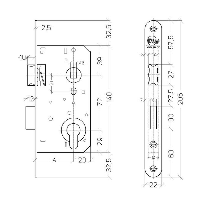 Assa Abloy Day and night cylinder lock with strike plate - spindle size 72mm - backset 50mm - stainless steel look with rounded faceplate 205x22mm