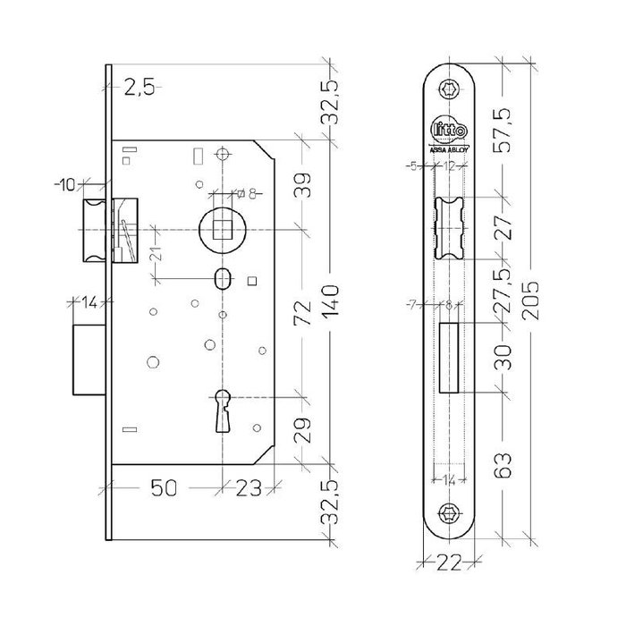 Assa Abloy Serrure de porte intérieure Litto, axe de 72 mm / entraxe de 50 mm, aspect acier inoxydable avec plaque de recouvrement arrondie 205 x 22 mm