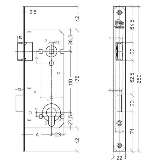 Assa Abloy Litto Day and night cylinder lock shaft size 110mm / mandrel 40mm, stainless steel look with reversible latch bolt