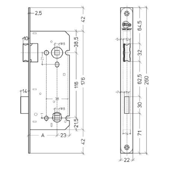 Assa Abloy Litto toilet lock shaft size 116mm / mandrel 55mm, stainless steel look with rounded front plate