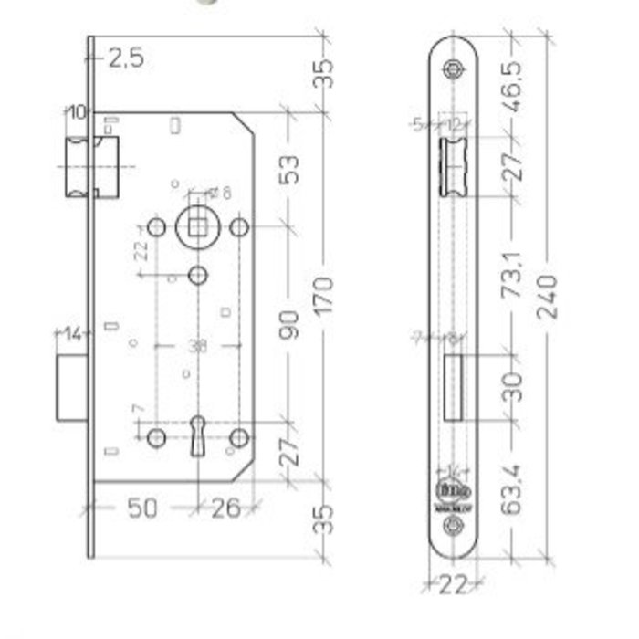 Assa Abloy Litto Tastaturschloss Achsgröße 90mm / Dorn 50mm - Edelstahloptik - mit abgerundeter Frontplatte 240x22mm