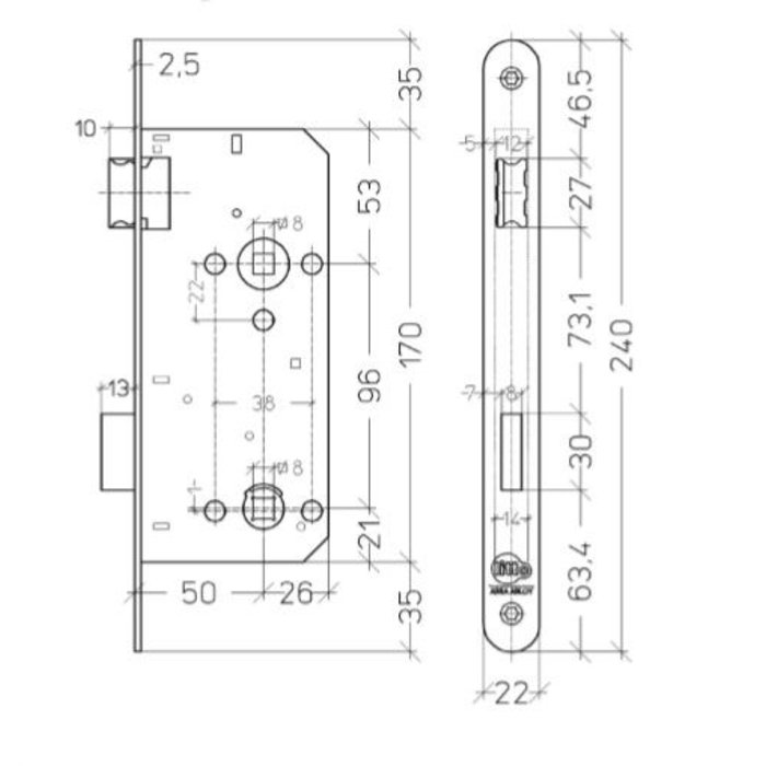 Assa Abloy Litto WC-lock shaft size 96 - mandrel 50 - painted stainless steel - rounded front plate of 240x22mm