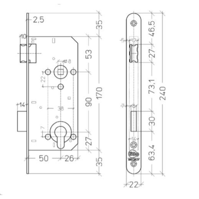 Assa Abloy Litto cylinder lock 90/50 stainless steel lacquered with rounded front plate of 240x22mm