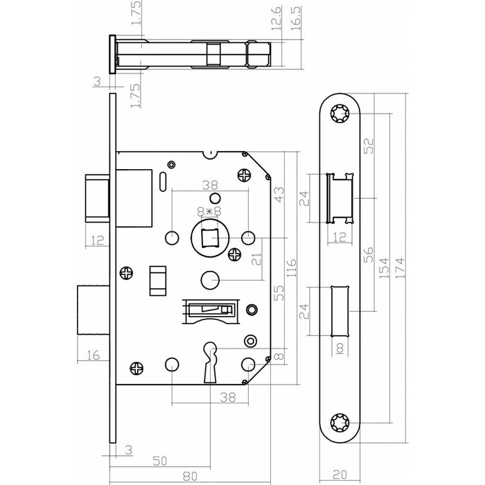 Intersteel Schwarzes Tastaturschloss mit 2 Tasten und einer Achsengröße von 55 mm, abgerundete schwarze Frontplatte 20 x 175 mm, Spritzschutz 50 mm