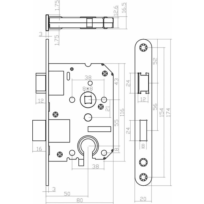 Intersteel Zwart Cilinderslot met een asmaat van 55 mm, afgeronde voorplaat 20x175mm, doorn 50mm incl. sluitplaat