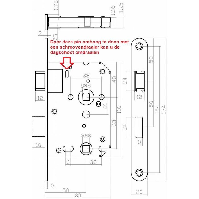 Intersteel Zwart WC slot met asmaat 63/8mm, afgeronde voorplaat 20x175mm, doorn 50mm incl. sluitplaat
