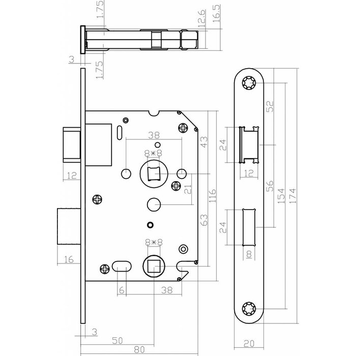 Intersteel Toilettenschloss Schwarz mit Schaftgröße 63/8mm, abgerundete Frontplatte 20x175mm, Dorn 50mm