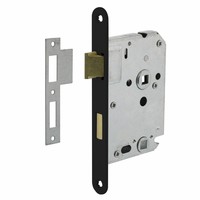Zwart WC slot met asmaat 63/8mm, afgeronde voorplaat 20x175mm, doorn 50mm incl. sluitplaat