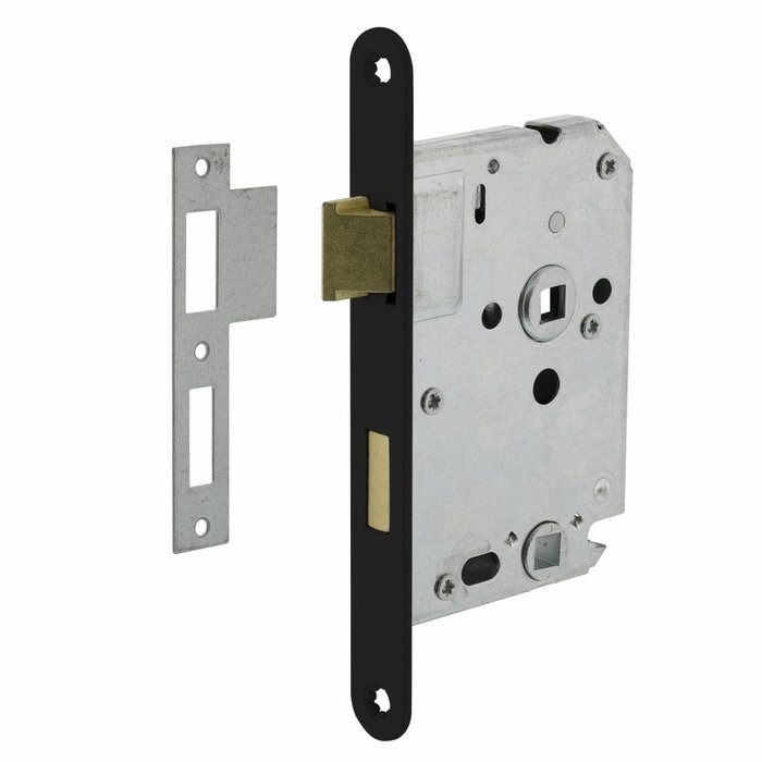 Intersteel Zwart WC slot met asmaat 63/8mm, afgeronde voorplaat 20x175mm, doorn 50mm incl. sluitplaat