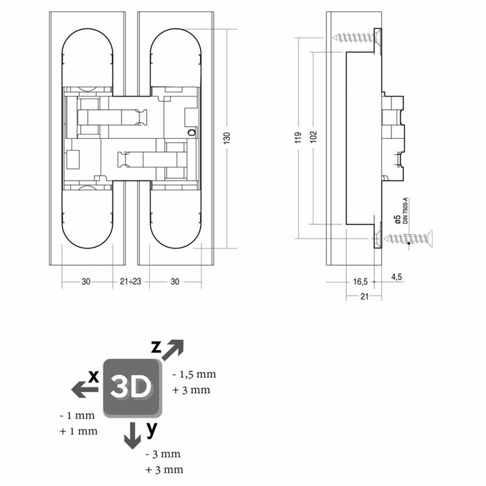 Intersteel 3-D Hinge fiberglass 130x30, 3D adjustable, interior galvanized