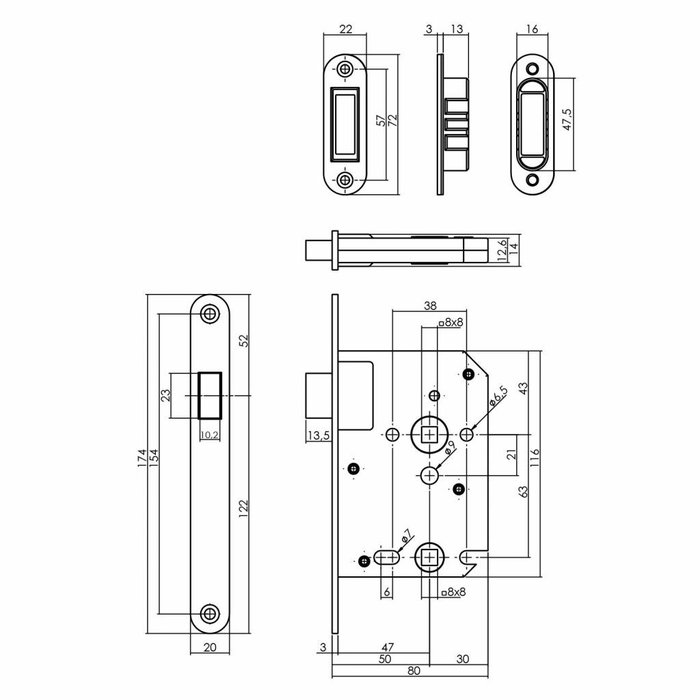 Intersteel Zwart magneet badkamer/toilet slot 63/8mm, voorplaat afgerond zwart, 20x175, doorn 50mm incl. sluitplaat/kom