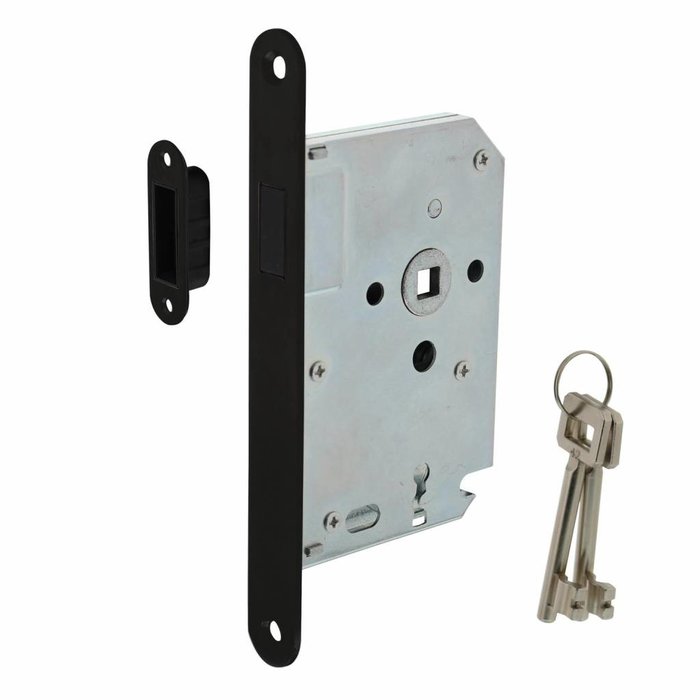 Intersteel Black magnetic keyboard day and night lock 55mm, front plate rounded black, 20x175, mandrel 50mm incl. strike plate/bowl and 2 keys