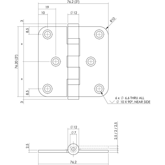 Intersteel Ball hinge rounded 3" 76x76x2.5mm stainless steel black
