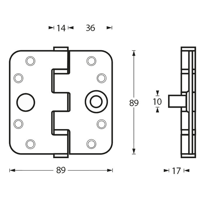Intersteel Stainless steel ball bearing hinge 89x89x3mm with round corners and built-in thief claw