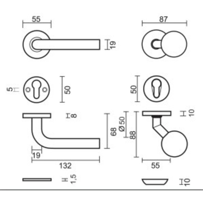 HDD Fixed Top BS 50 auf Rose + L-Form 19mm + Sicherheitsrose 10mm