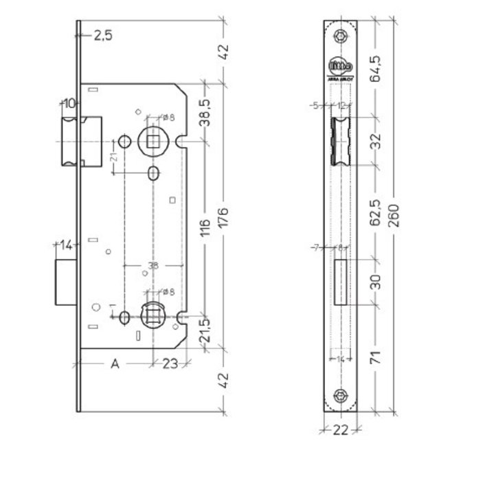 Assa Abloy Litto Toilettenschloss 116/50, schwarz mit gerundeter Frontplatte von 260x22mm
