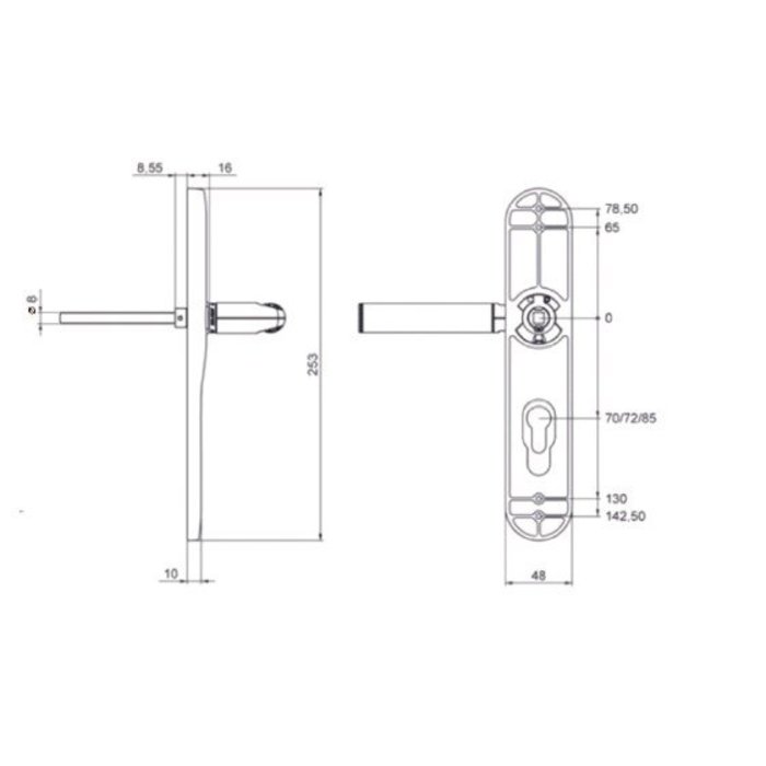 Assa Abloy Paar elektronische Codegriffe L90 ° auf Blindplatten 253x48mm (Linkshänder)