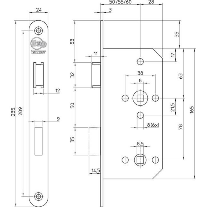 Assa Abloy Litto project WC-lock E6 - arbre de taille 78mm - mandrin 55 - plaque frontale arrondie 235x24mm