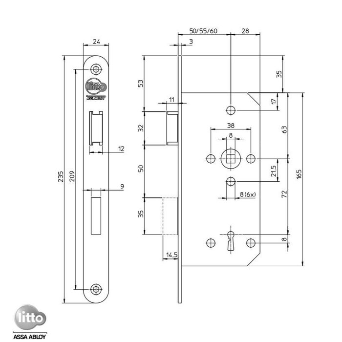 Assa Abloy Verrou à clavier Litto project E6 - taille de tige 72mm - mandrin 55mm - plaque avant arrondie 235x24mm