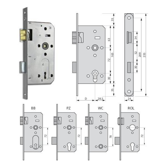 Assa Abloy Verrou à clavier Litto project E6 - 235x24 - taille de l’arbre 72mm - mandrin 55mm - droit