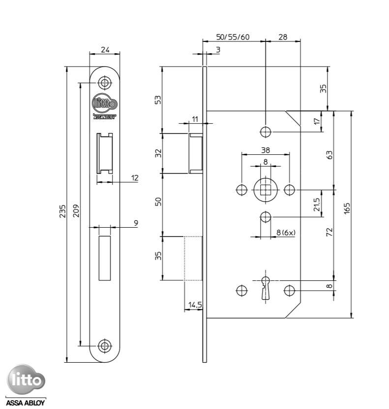 Litto project cilinderslot - asmaat 72mm - 60mm - afgeronde voorplaat 235x24mm | Deurklinkenshop