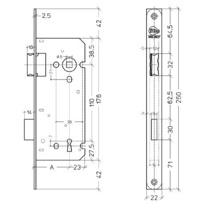 Assa Abloy Litto Bartschloss-Achsengröße 110 mm / Dorn 55 mm, gerade Frontplatte 260 x 22 mm