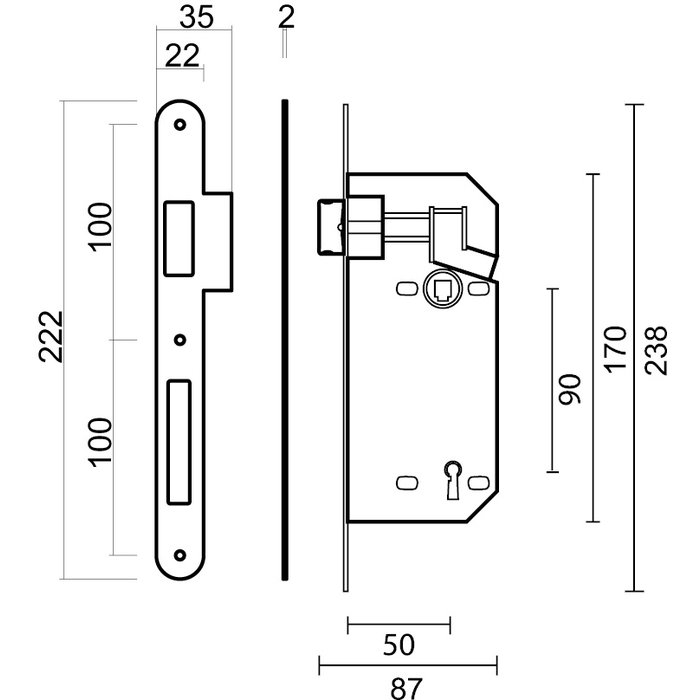AGB AGB klavierslot RVS look 90mm - afgeronde voorplaat 238x22mm