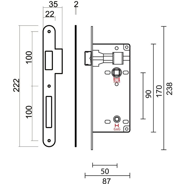AGB AGB toilet lock stainless steel look 90mm - rounded front plate 238x22mm