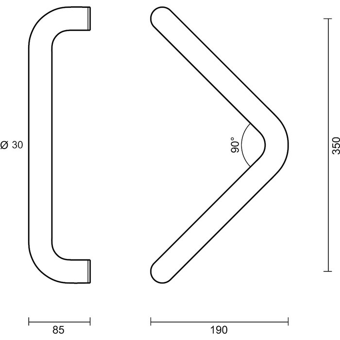 HDD Stainless steel front door handle "V" 30/350 mm - through mounting