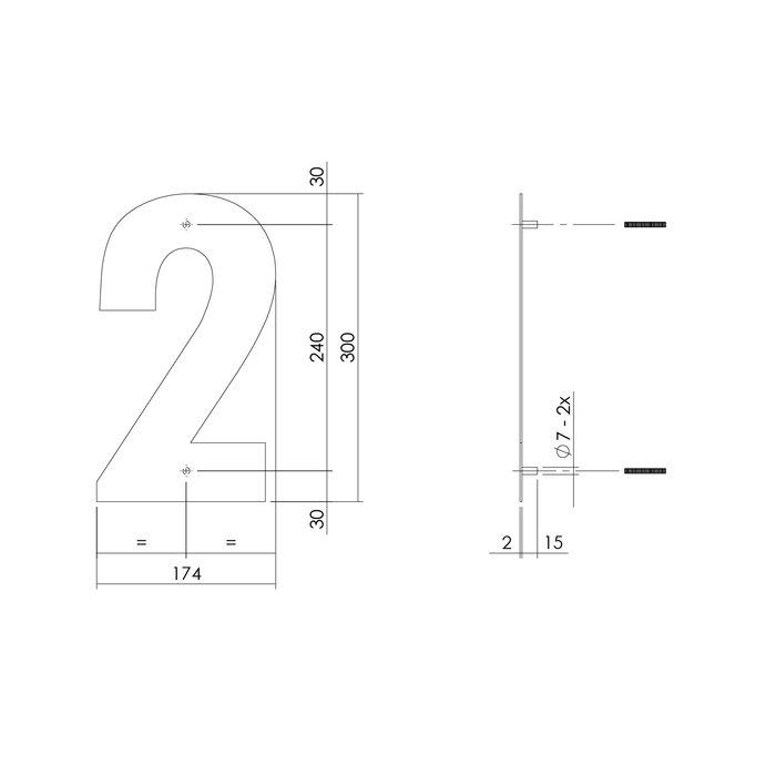 Intersteel RVS huisnummer 2  met een hoogte van 300mm