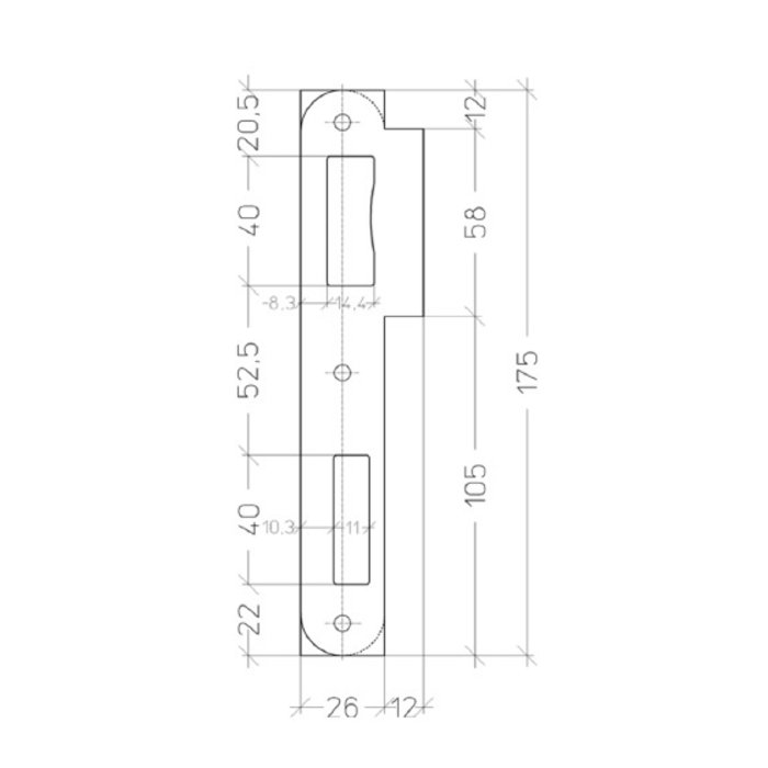Assa Abloy Black rounded strike plate for Litto flush locks series 53 - 175x50mm - short lip 12mm