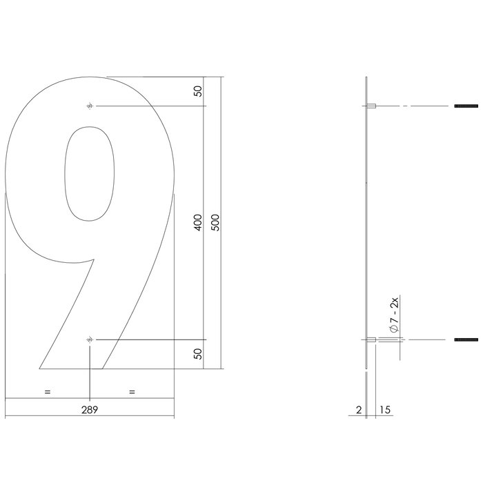 Intersteel Matt black stainless steel house number 9 with a height of 500mm
