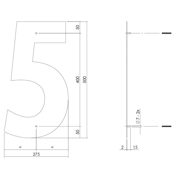 Intersteel Mattschwarzer Edelstahl Hausnummer 5 mit einer Höhe von 500mm