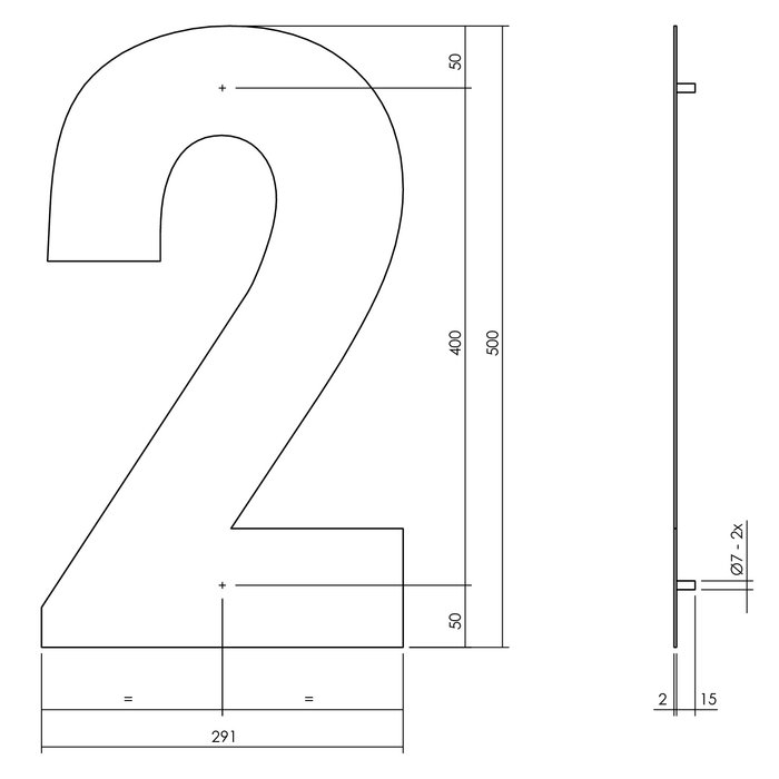 Intersteel Mat zwart RVS huisnummer 2 met een hoogte van 500mm