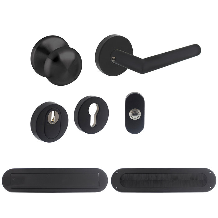 Intersteel Front door fitting set round: double spring door handle, security cylinder plates, doorbell and letter plate with draft protection in matt black