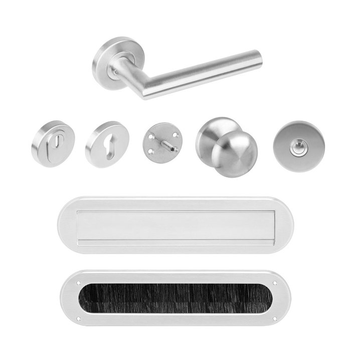 Intersteel Set voordeurbeslag rond: dubbel geveerde deurklink, veiligheidscilinderplaatjes, deurbel en briefplaat met tochtwering uit RVS