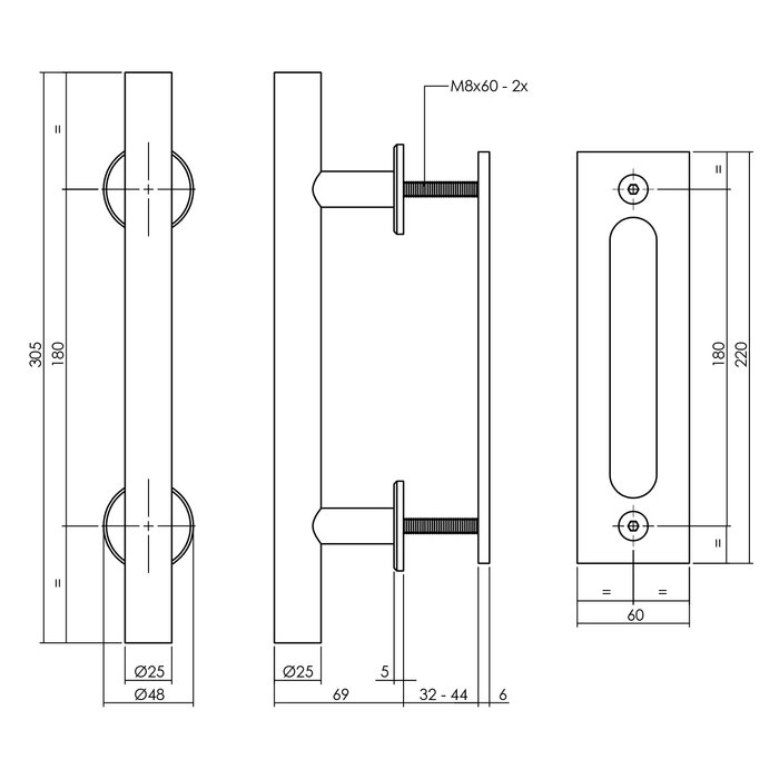 Intersteel Zwarte deurgreep T-vorm Ø 25x305mm met schuifdeurkom 220mmx60mm