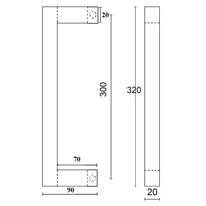 HDD Zwarte deurgreep "Square" D20/300 paar  voor deurdikte > 30 mm