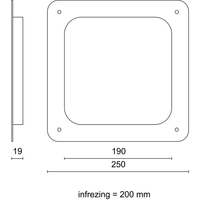 HDD Patrijspoort vierkant 190 mm vierkant inox plus zonder vijsgaten