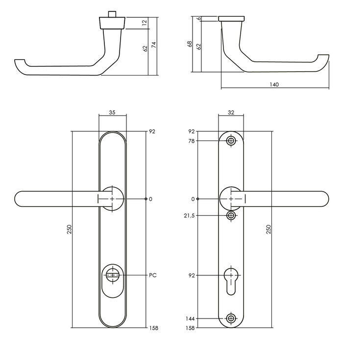 Intersteel SKG*** Schmalschilde Federgriff/Griff gebogen Profilzylinder Loch 92mm mit Kernzugschutz Alu schwarz