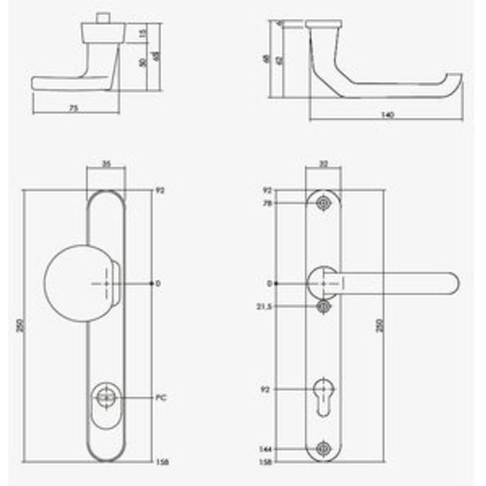 Intersteel SKG*** Boucliers étroits poignée à ressort/poignée profilé coudé trou de cylindre 92mm avec protection contre la traction du noyau aluminium noir