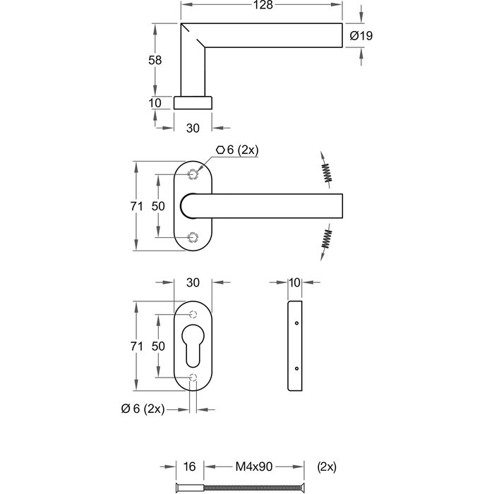 Artitec Türgriff TIPO schwarz mit rechtem Winkel auf ovalen Rosetten und PZ-Zylinderplatten